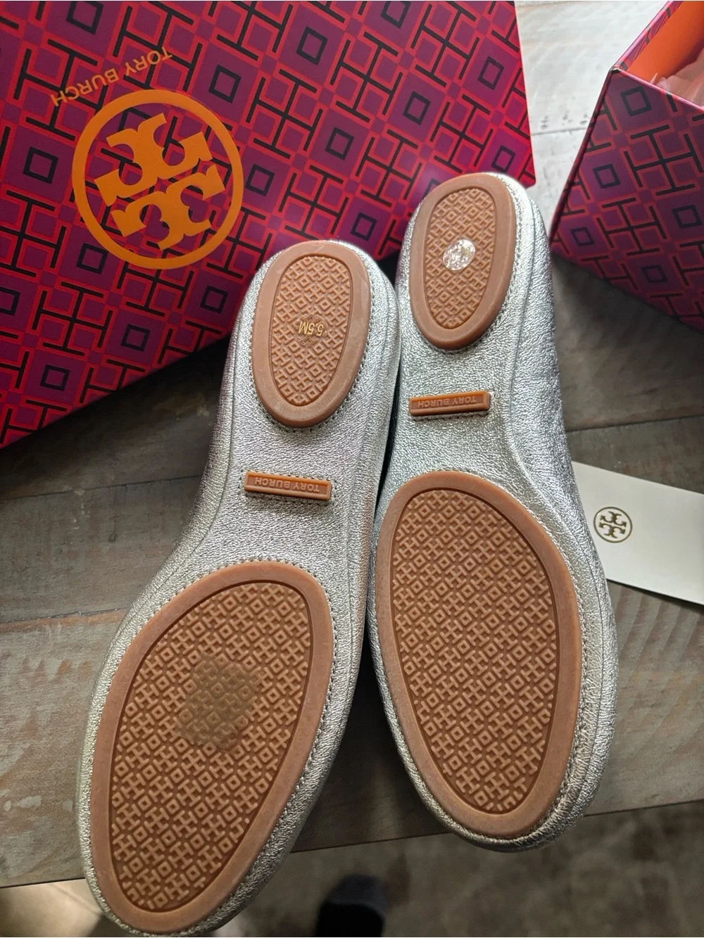 Tory Burch Minnie Travel Silver Ballet Flats 5.5